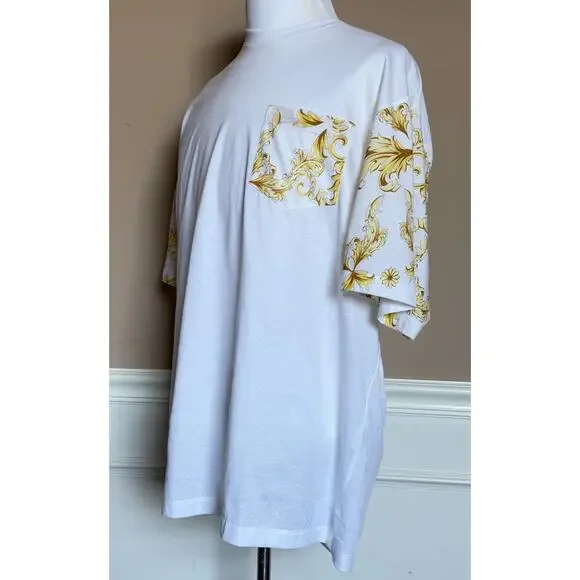Versace Leafy Print Cotton Jersey T-Shirt White & Gold 5XL 1021353 Italy NWT